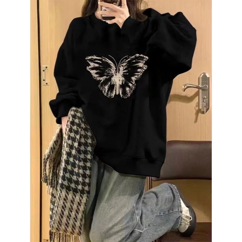 美式復古黑色圓領oversize衛衣女春秋冬2023新款加絨長袖上衣高級