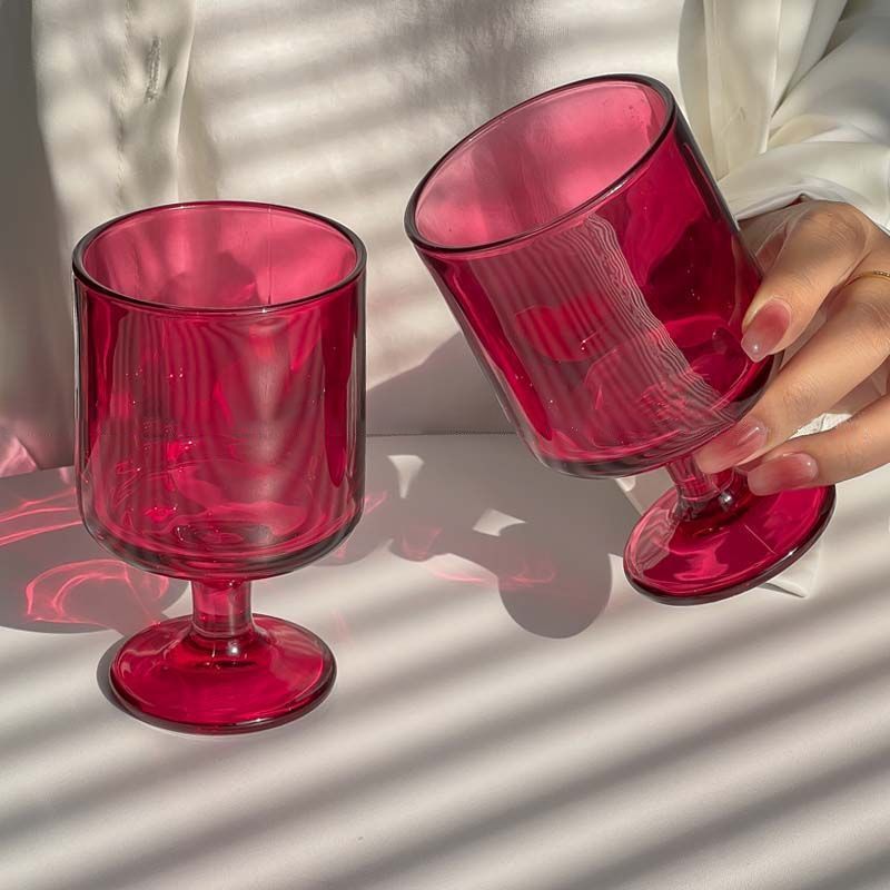 欧式复古玫红色高脚玻璃杯中古风咖啡杯水杯饮料杯高级感果汁杯子