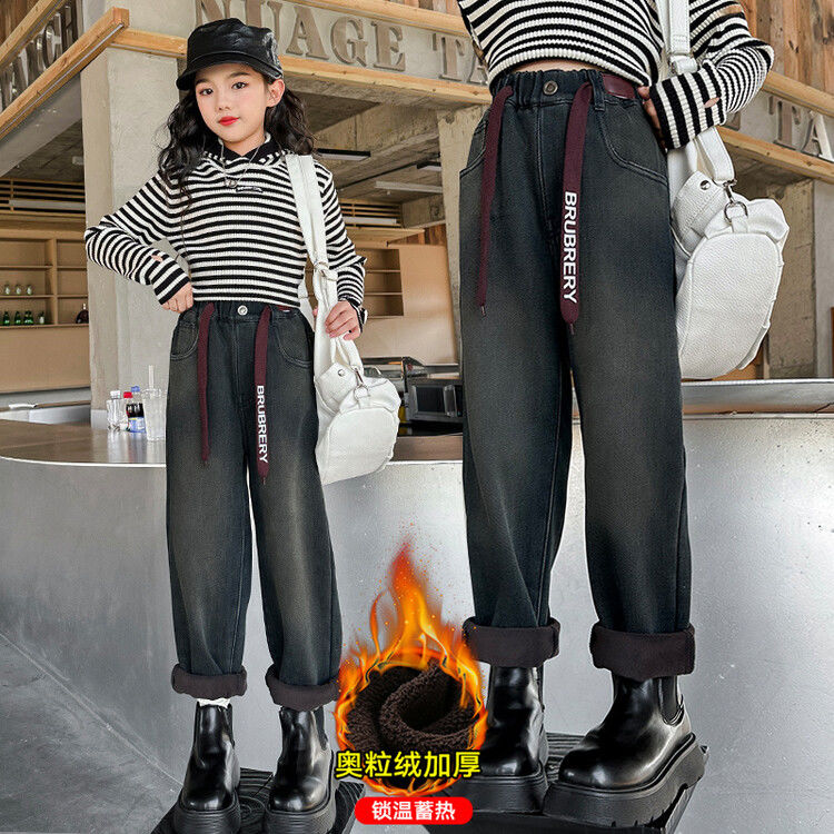 女童老爹褲加絨牛仔褲秋冬款2023新款兒童中大童女孩長褲一體加厚