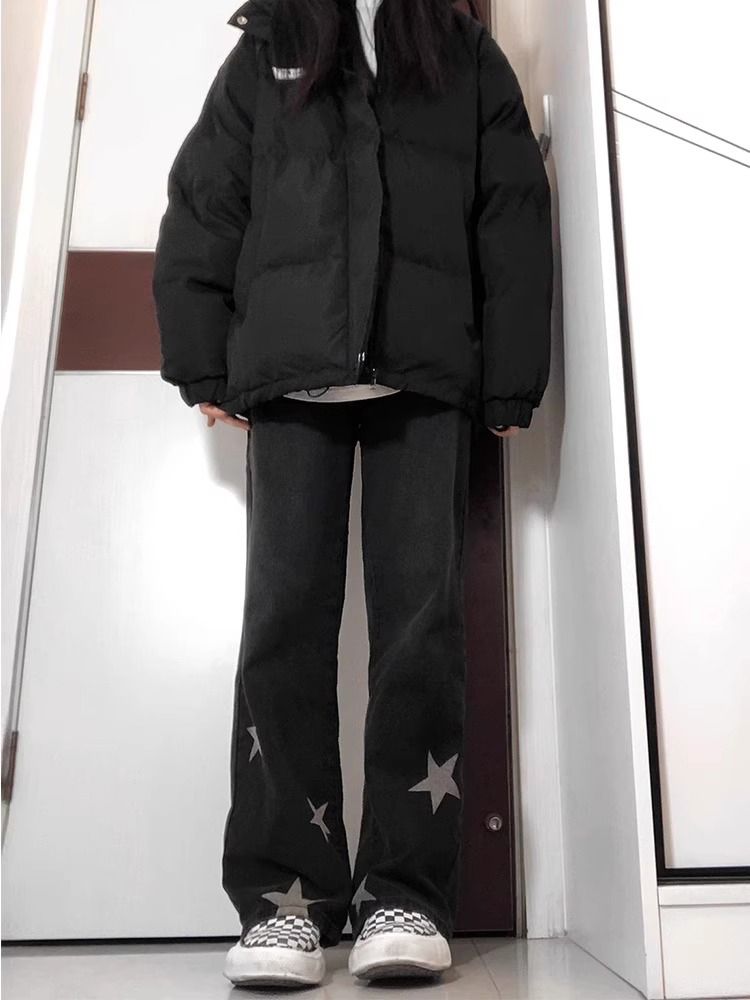 黑色星星直筒牛仔褲女冬季新款美式復古高腰寬鬆顯瘦百搭闊腿褲子