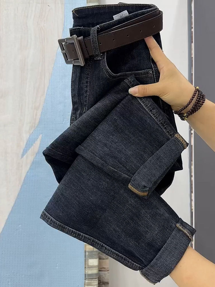 加厚絨高腰彈力哈倫牛仔褲女秋冬寬鬆顯瘦梨形身材九分蘿蔔老爹褲