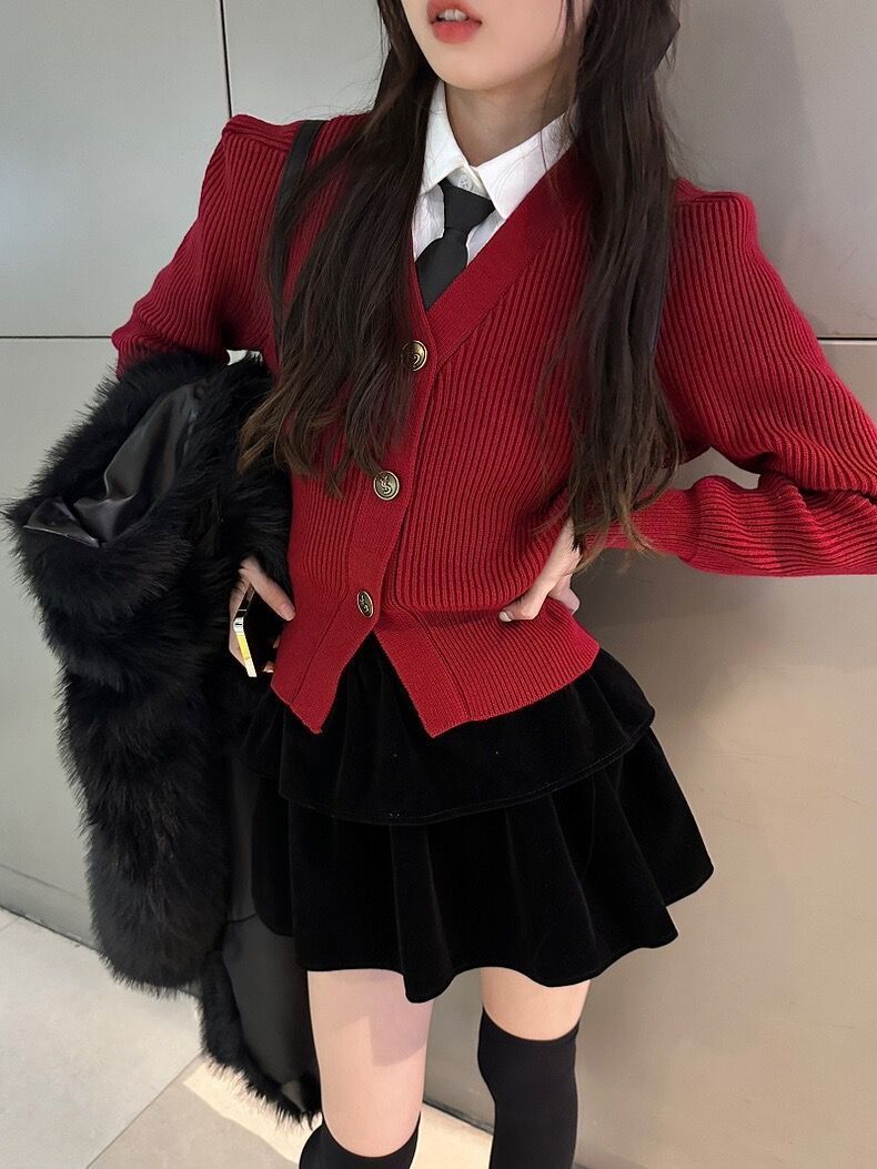 聖誕自製~貴族高校生冬季V領正肩小眾收腰顯瘦坑條針織紅色毛衣