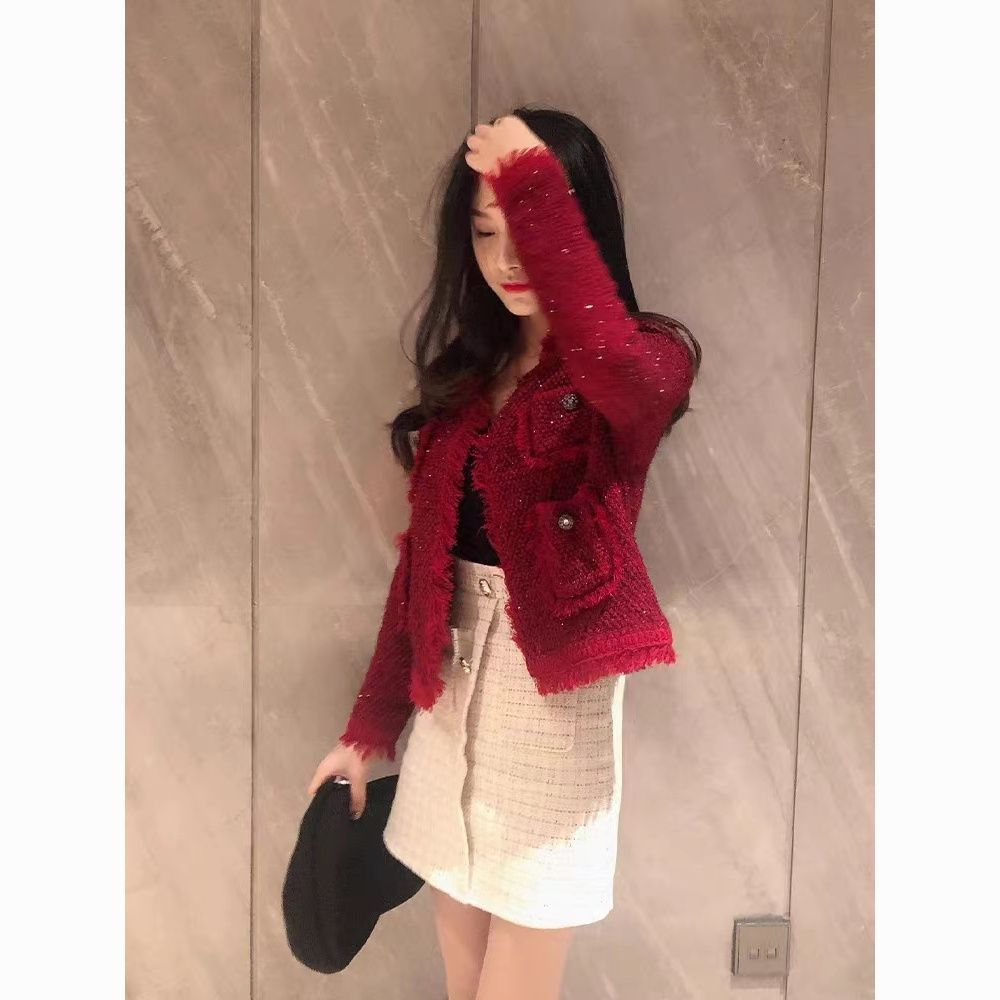 Cherry color small fragrance jacket for women spring and autumn short retro tassel knitted cardigan internet celebrity temperament slimming top
