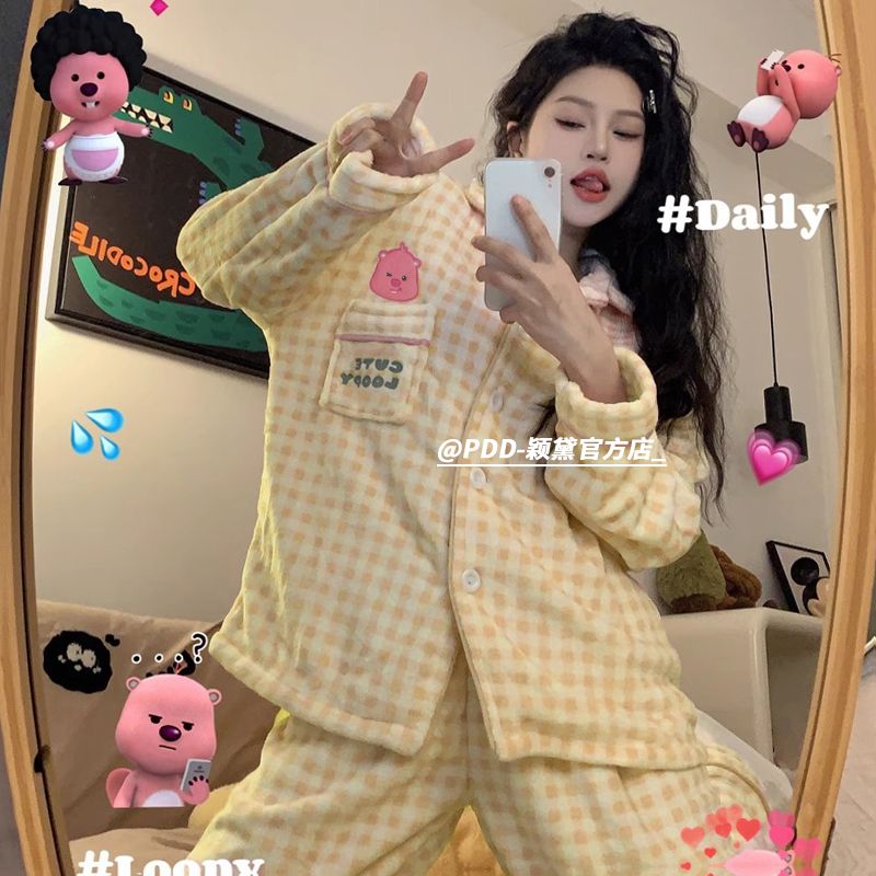 韓國卡通loopy法蘭絨睡衣女冬季加厚2023年新款珊瑚絨家居服套裝
