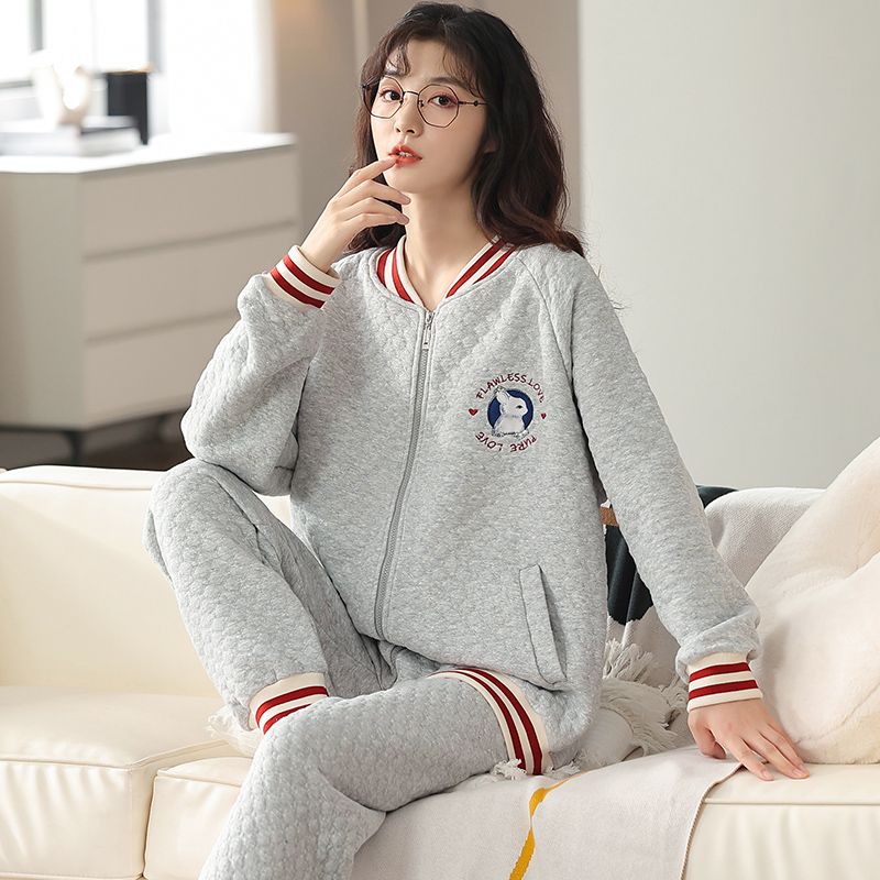 可外穿薄夾棉全棉三層空氣棉睡衣女士秋冬季純棉夾層家居服加大碼