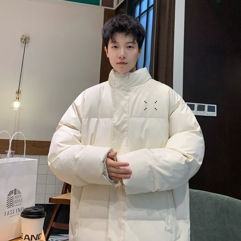 米白色青少年棉服男款2023新款冬季加厚麵包服外套美式復古棉衣襖
