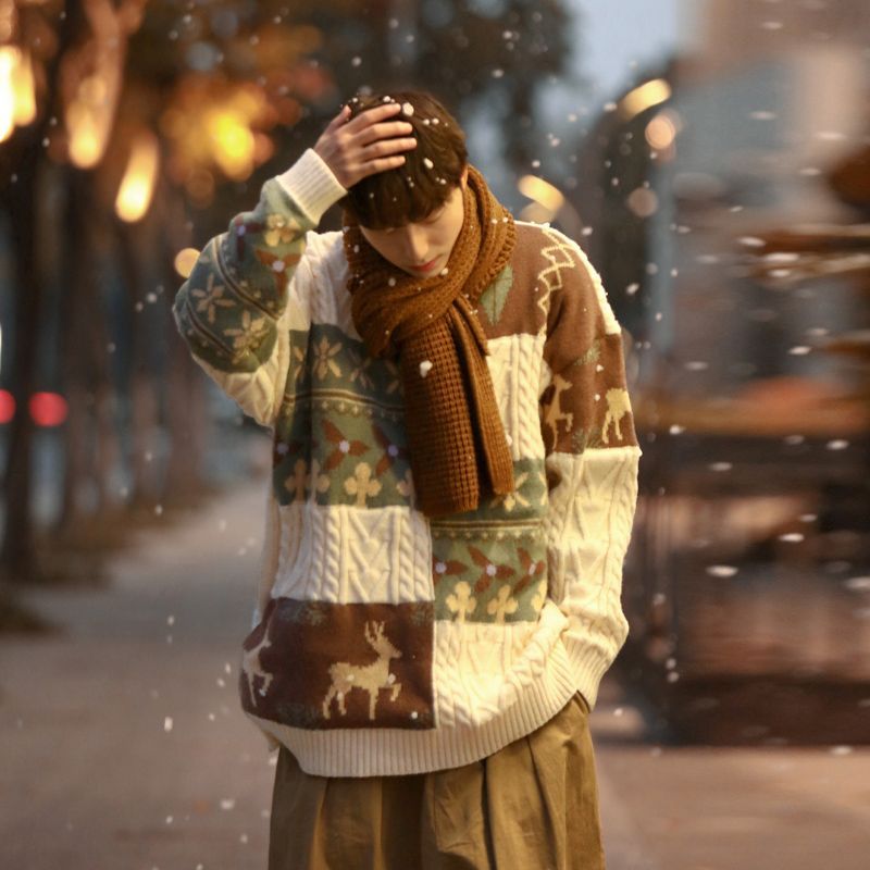 氛围感圣诞毛衣男生冬季日系复古慵懒高级感软糯设计感加厚针织衫