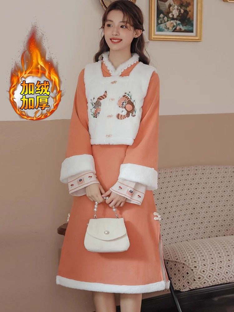 新中式國風旗袍馬甲改良年輕款連衣裙兩件套女漢元素套裝加絨加厚