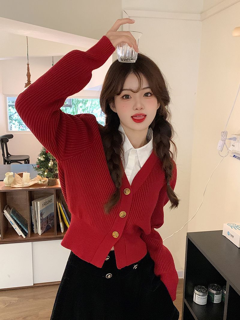 紅色毛衣2023爆款秋冬聖誕新年復古氛圍V領泡泡袖收腰小個子上衣