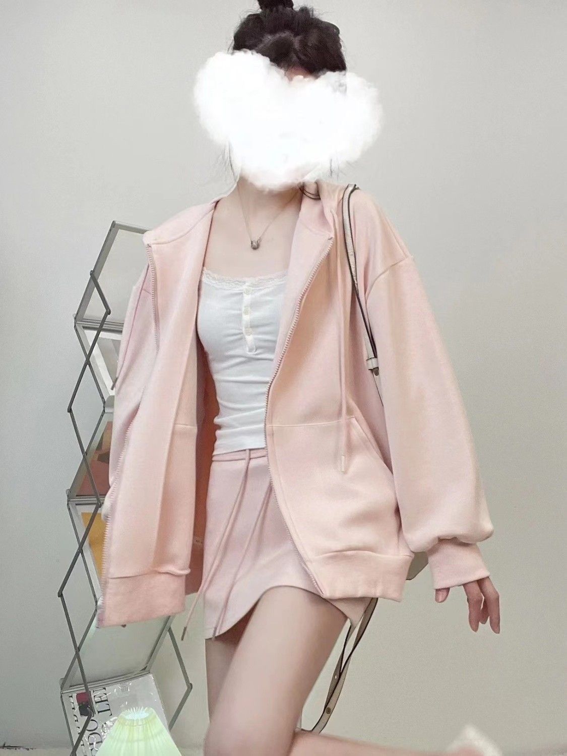 粉色連帽衛衣女秋冬加絨加厚小個子寬鬆美式復古oversize外套上衣