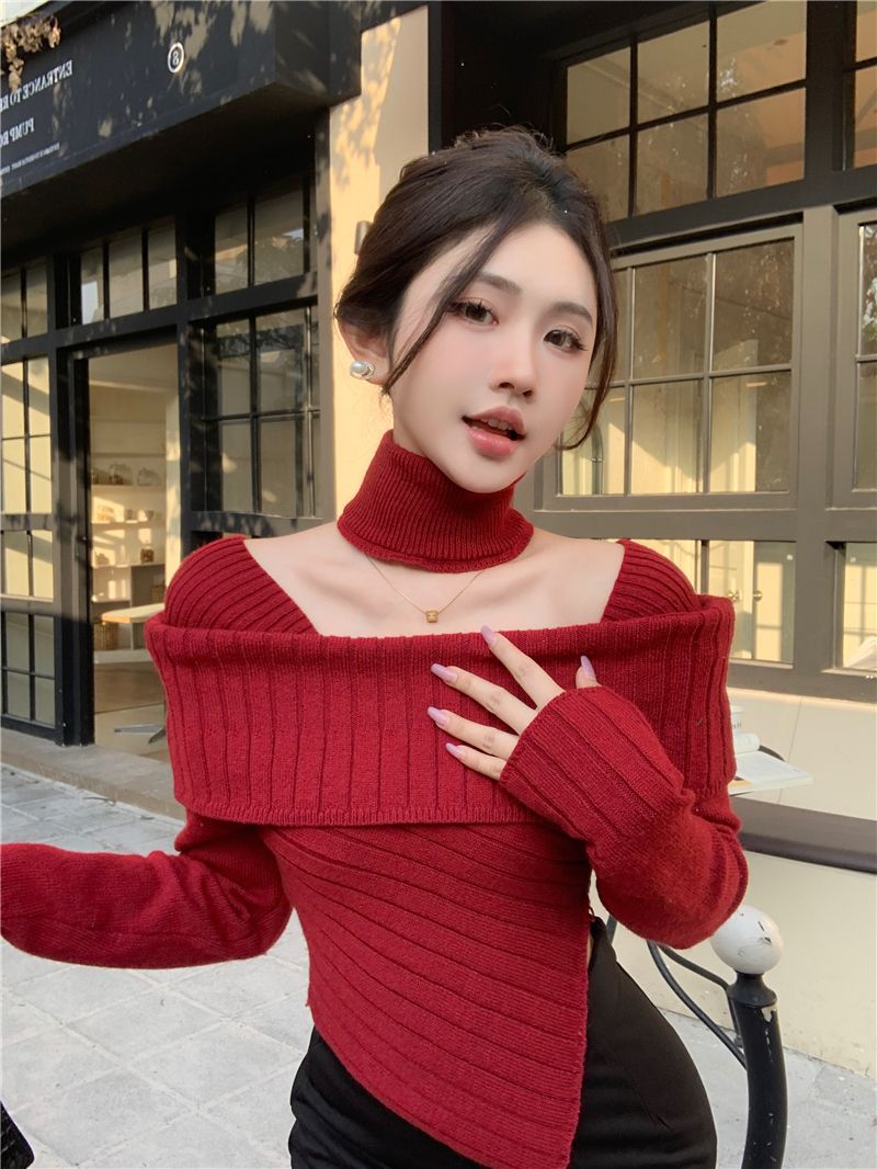 辣妹一字領掛脖針織衫女秋冬不規則氣質內搭打底毛衣聖誕紅色上衣