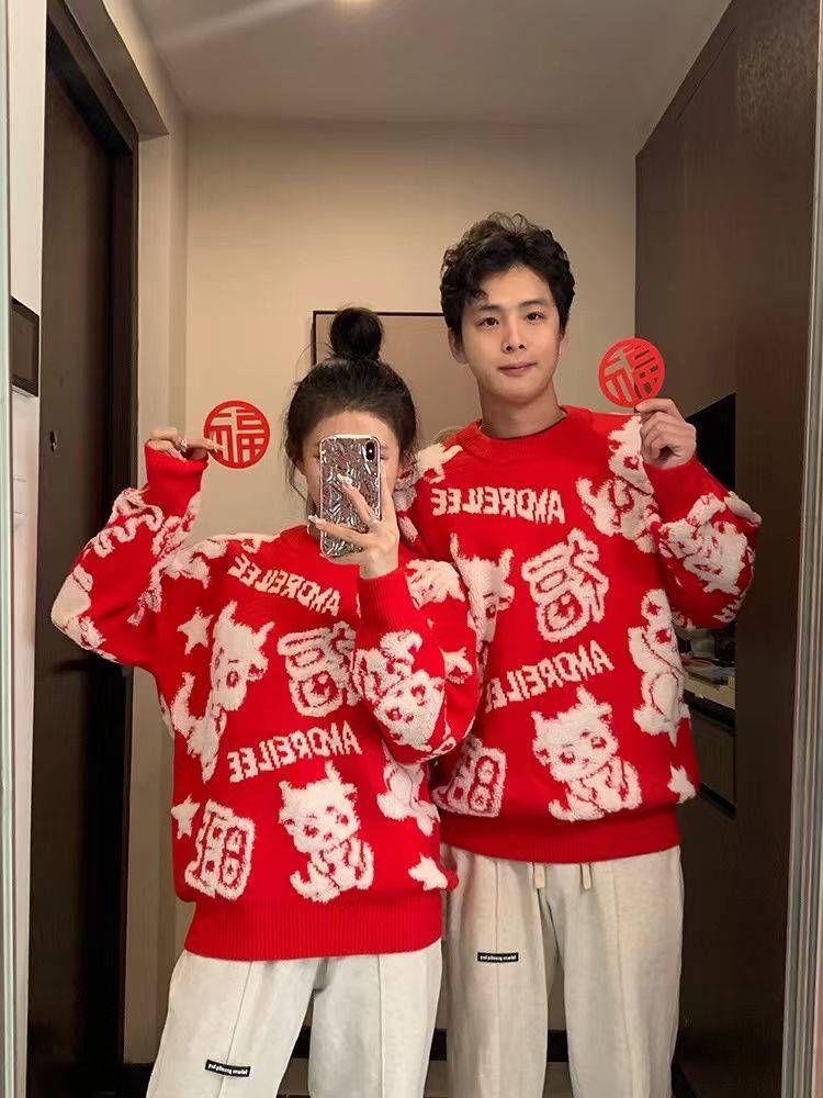 秋冬寬鬆新年復古風顯瘦慵懶風紅色圓領本命年氛圍毛衣針織衫上衣
