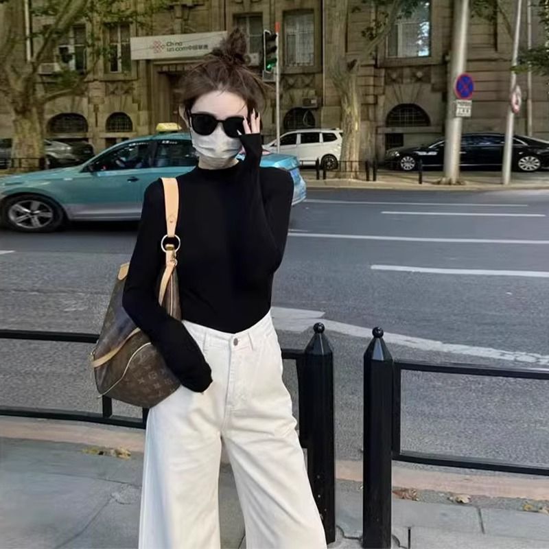 黑色打底衫女2023秋冬小立領磨毛保暖長袖T恤修身基礎款內搭上衣