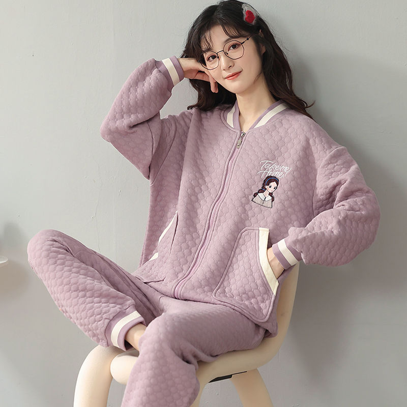 外穿睡衣女秋冬季薄夾棉全棉純棉夾層家居服大碼三層空氣棉棒球服