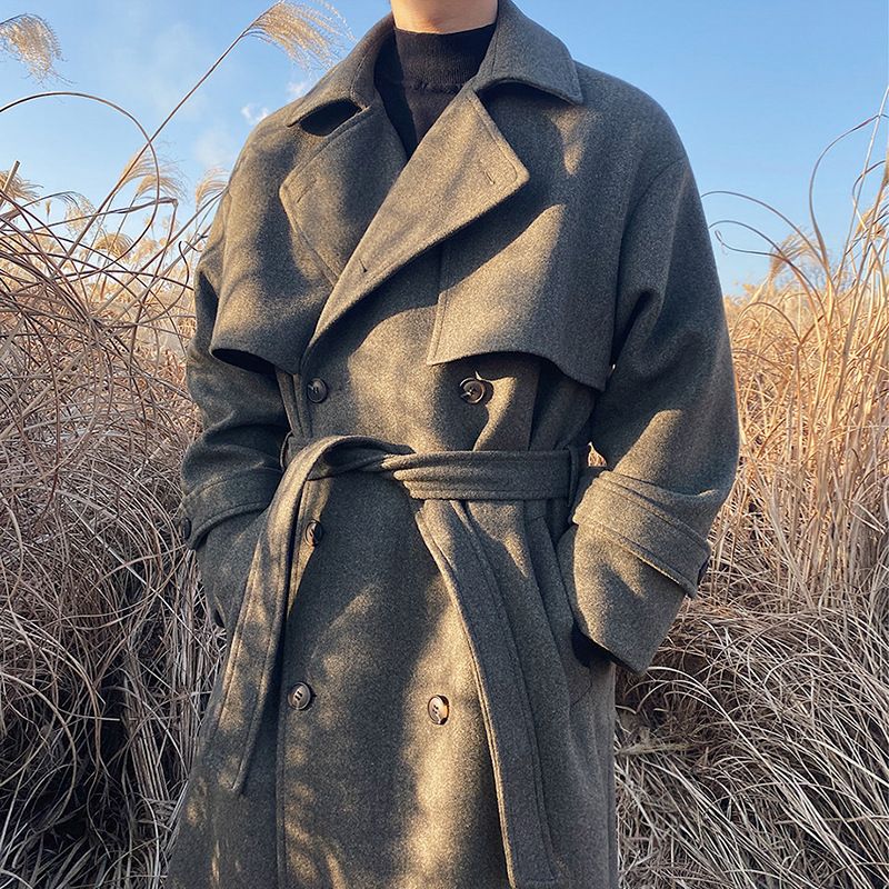 2026 Spring New Wool Mid-Length British Style Thickened Korean Version Trench Coat Loose Over-the-Knee Jacket_voghion.com