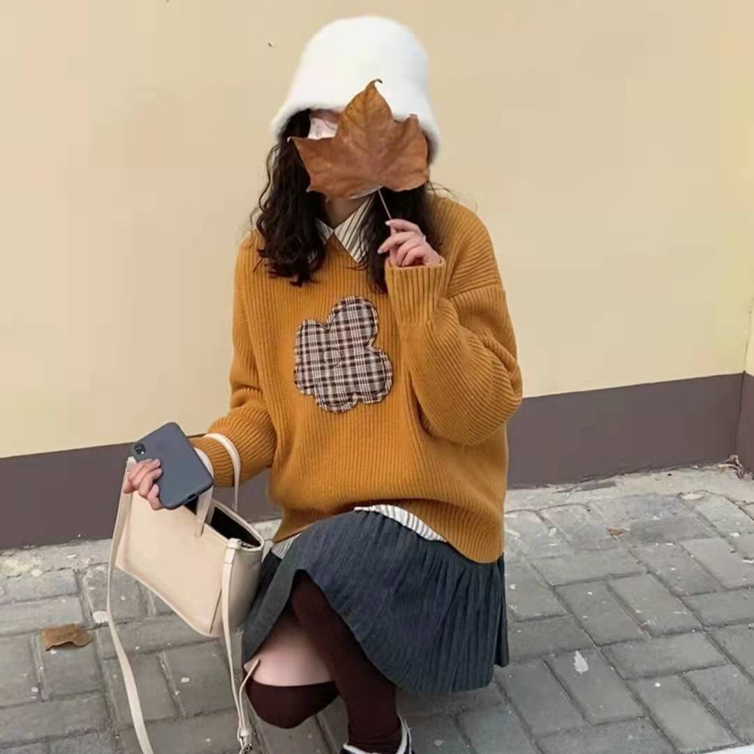 秋冬新款百搭寬鬆顯瘦小個子減齡復古洋氣拼接修身毛衣針織上衣女