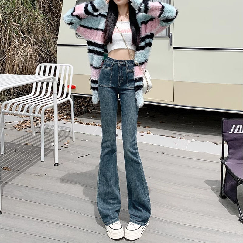 水泥灰微喇叭牛仔褲法式女秋冬新款彈力高腰修身顯瘦馬蹄褲喇叭褲