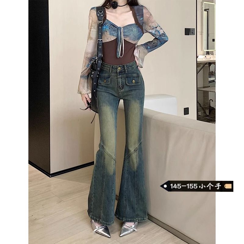秋冬復古設計感微喇牛仔褲女小個子高腰直筒顯瘦彈力做舊闊腿褲潮