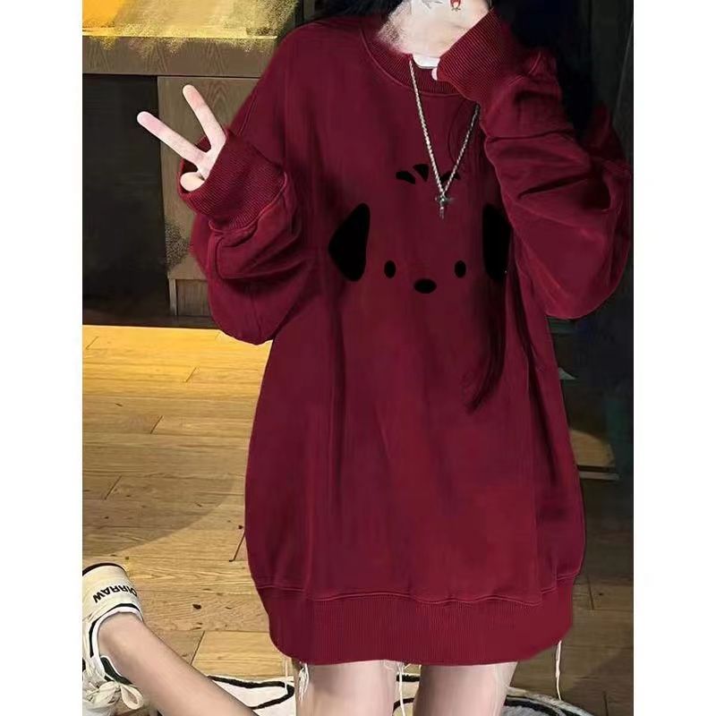 2023新款酒紅色加絨加厚衛衣女慵懶風寬鬆卡通小狗純欲上衣外套