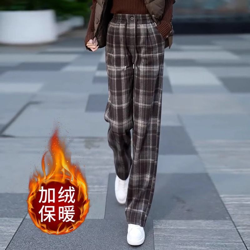 2023秋冬新款毛呢格子闊腿褲女高腰抽繩加絨加厚窄版休閒直筒褲子