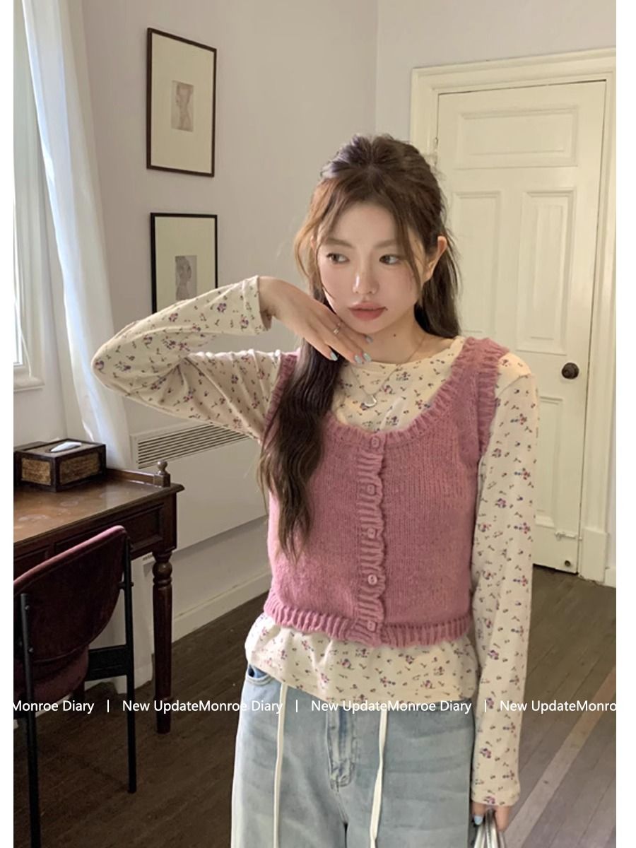 甜美小眾碎花正肩長袖t恤女秋冬德絨新款修身顯瘦打底衫內搭上衣