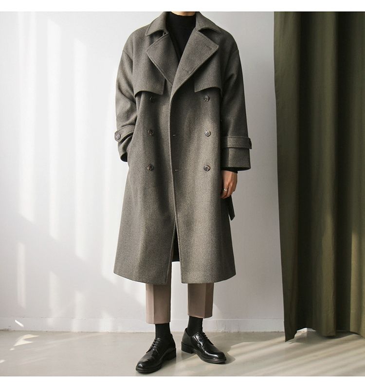 2026 Spring New Wool Mid-Length British Style Thickened Korean Version Trench Coat Loose Over-the-Knee Jacket_voghion.com