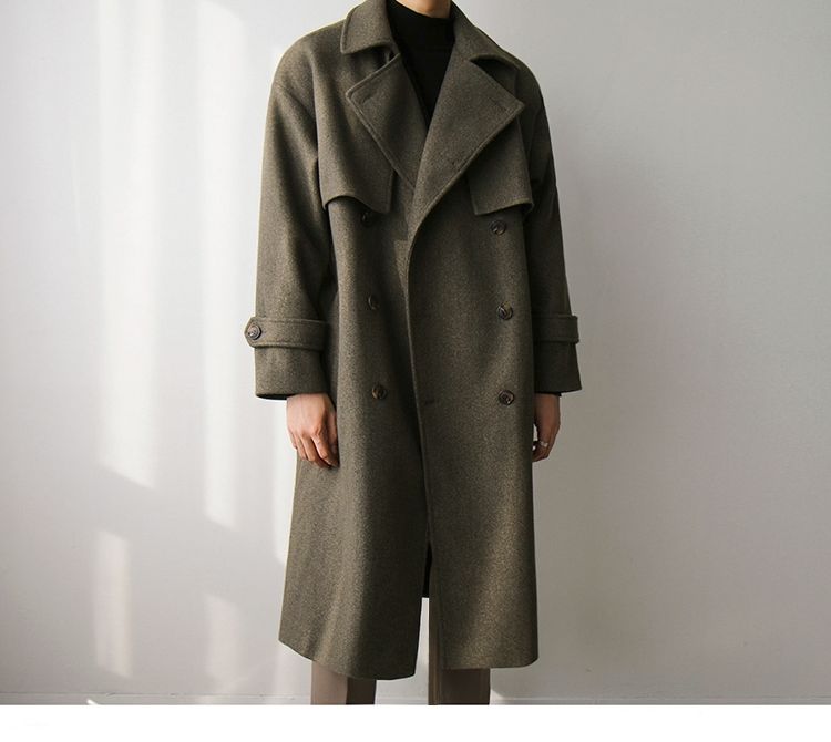 2026 Spring New Wool Mid-Length British Style Thickened Korean Version Trench Coat Loose Over-the-Knee Jacket_voghion.com