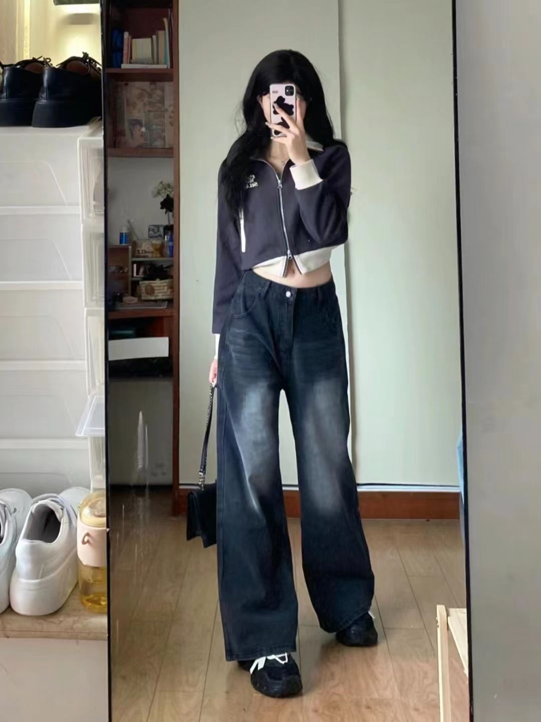 水洗黑灰色闊腿牛仔褲女秋冬高腰寬鬆顯瘦拖地直筒褲美式復古褲子