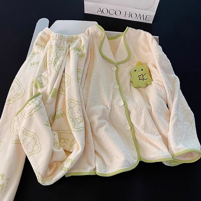 秋冬季珊瑚絨睡衣女加厚保暖網紅ins可愛長袖恐龍學生家居服套裝