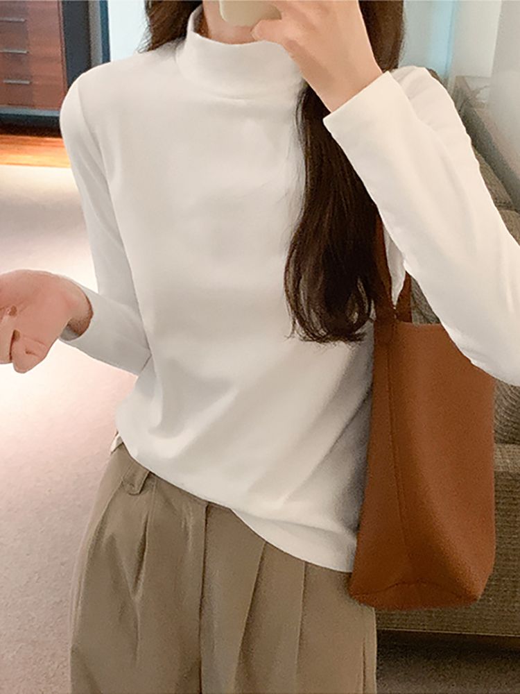 雙面德絨半高領上衣西裝內搭女磨毛保暖打底衫白色長袖2023秋冬季