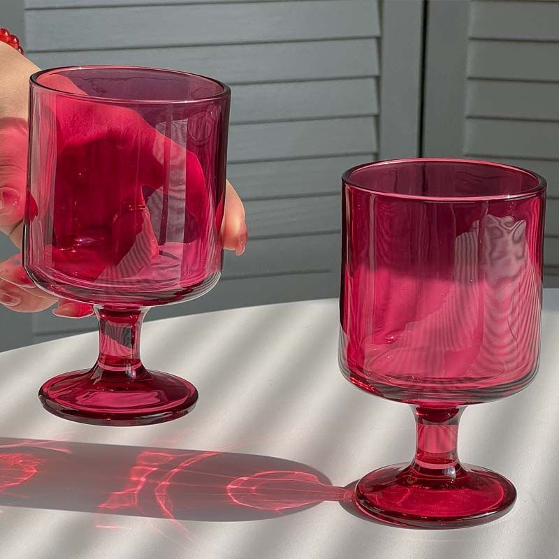 欧式复古玫红色高脚玻璃杯中古风咖啡杯水杯饮料杯高级感果汁杯子