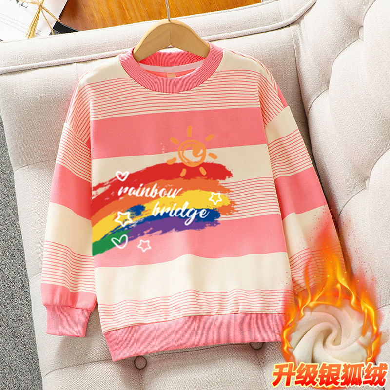 Girls sweatshirt round neck autumn and winter plus velvet cartoon trendy style striped fashionable contrast color tops for girls and older children