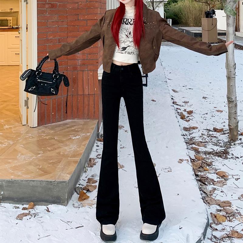 2024 new style black bootcut jeans for hot girls in autumn, high waist, versatile, simple, slimming, horse hoof flared pants