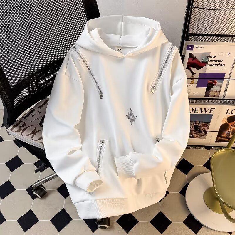 Spring, Autumn and Winter Metal Zipper Sweatshirt Men's Loose Trendy Solid Color Hoodie Hooded Sweatshirt Men's Pullover Top
