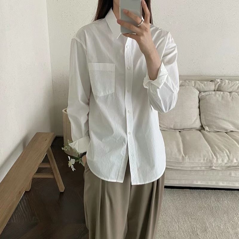 秋季美式白色襯衫女長袖外穿內搭打底學生百搭寬鬆襯衣上衣女洋氣