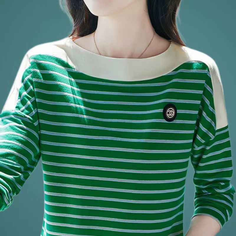 撿漏~尾單大牌條紋長袖t恤女春秋洋氣減齡打底衫寬鬆圓領上衣