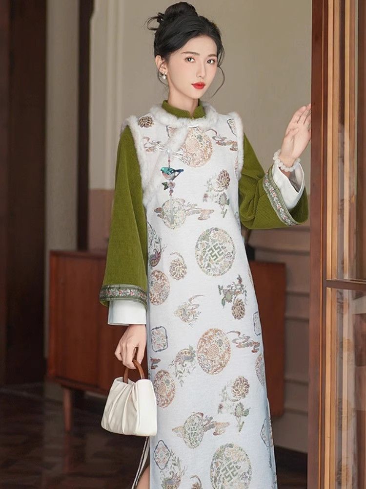 旗袍秋冬款中國風馬甲女款加絨中式女裝秋冬連衣裙新中式國風冬裝