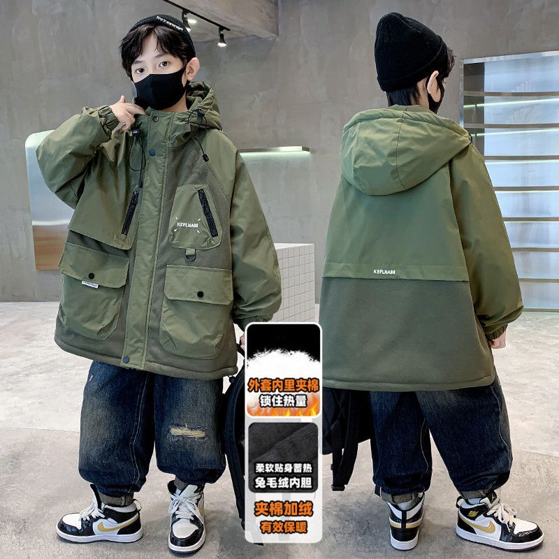 男童冬季棉襖2023新款工裝派克服加絨加厚冬裝外套兒童痞帥棉服潮