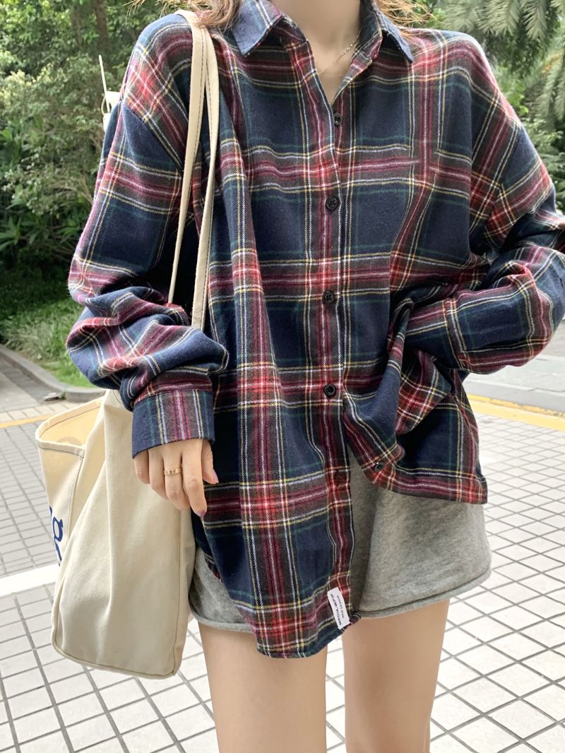 秋冬季時尚磨毛洋氣格子襯衫女外穿寬鬆大碼高級上衣長袖襯衣外套