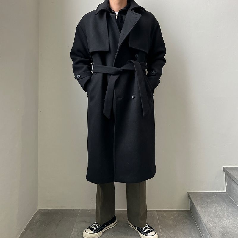 2026 Spring New Wool Mid-Length British Style Thickened Korean Version Trench Coat Loose Over-the-Knee Jacket_voghion.com