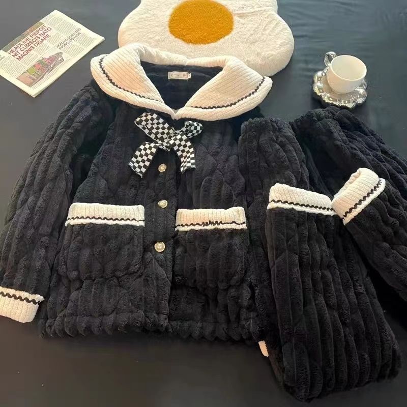 冬季公主風睡衣女款珊瑚娃娃領保暖三層夾棉加厚法蘭絨家居服套裝