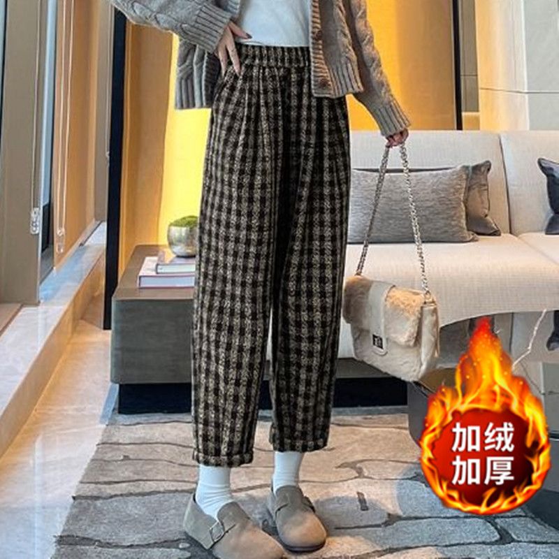 Velvet and thickened plaid harem pants for women, autumn and winter woolen leg-tie dad trousers, small casual woolen carrot pants