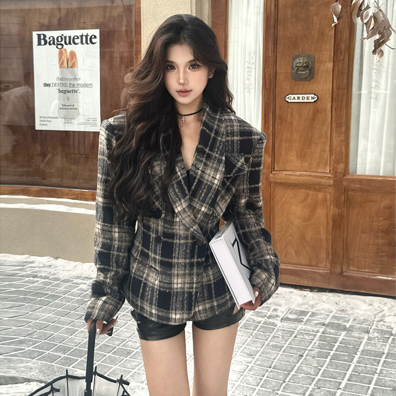 英格蘭大小姐經典格子呢西裝女雙排扣短款毛呢外套高級感格紋上衣