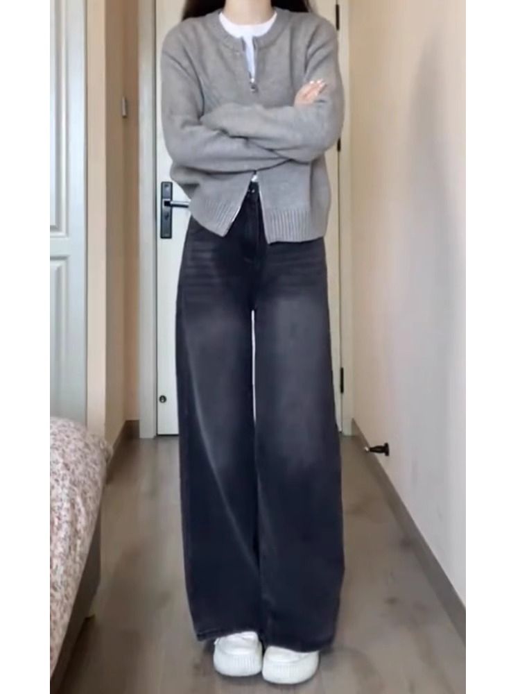 黑色闊腿牛仔褲女冬季新款梨形身材寬鬆遮肉顯瘦百搭直筒拖地褲子