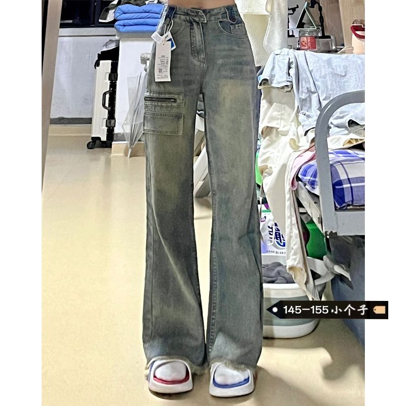 秋冬新款美式復古工裝闊腿牛仔褲女小個子高腰直筒顯瘦寬鬆長褲潮