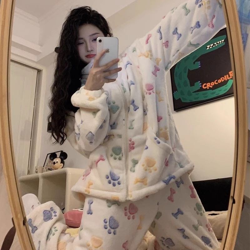 ins風甜美高級感睡衣女冬季新款加絨加厚長袖拉鏈高領居家服套裝