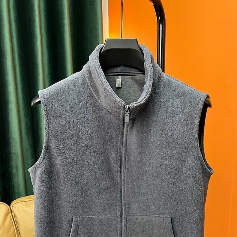 New autumn and winter loose and versatile sleeveless vest solid color zipper jacket stand collar men's polar fleece large size vest