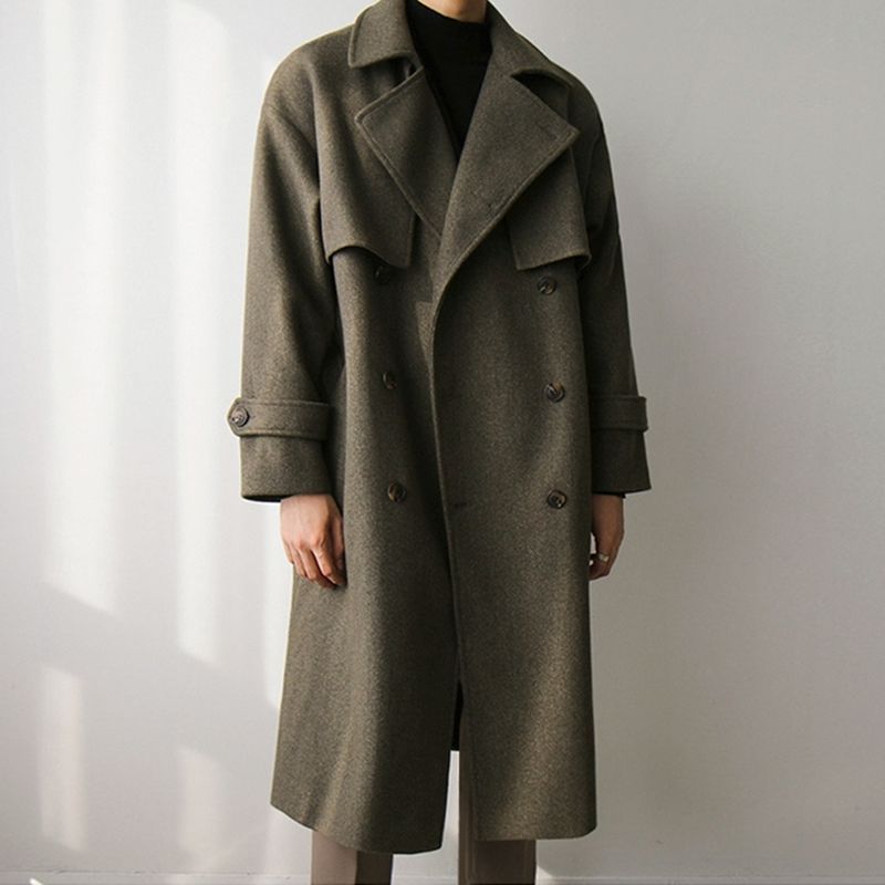 2026 Spring New Wool Mid-Length British Style Thickened Korean Version Trench Coat Loose Over-the-Knee Jacket_voghion.com