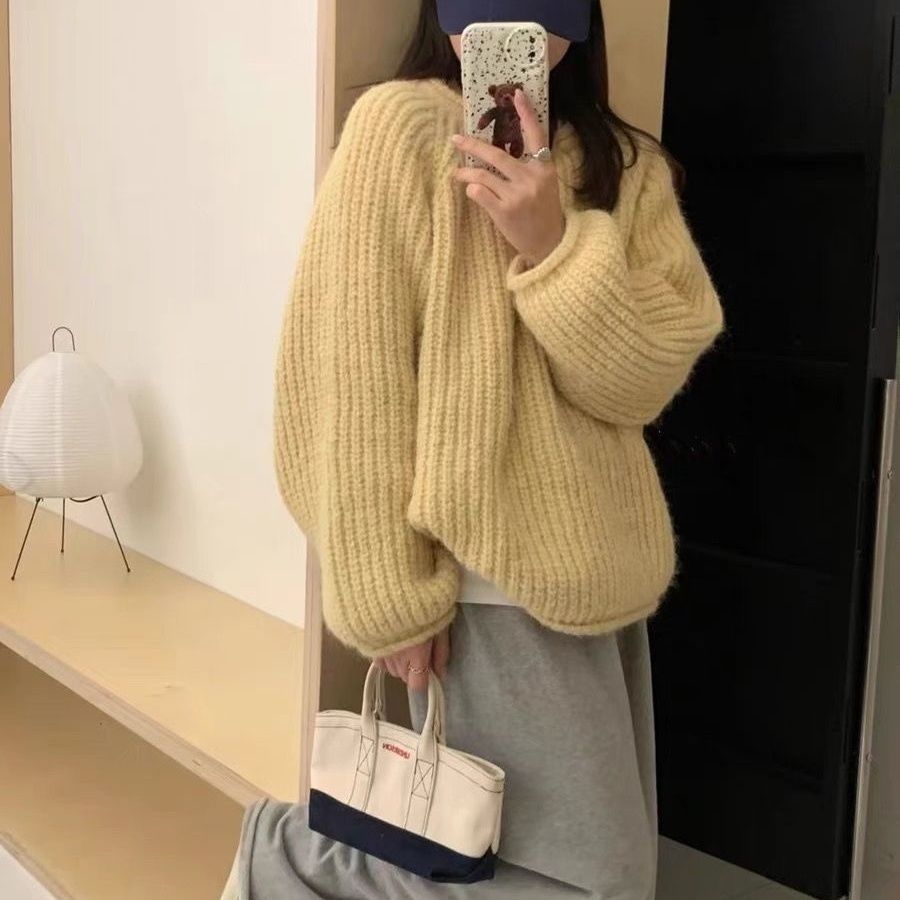 2023秋冬新款毛衣女慵懶風卷邊粗毛線寬鬆顯瘦韓版圓領上衣針織衫