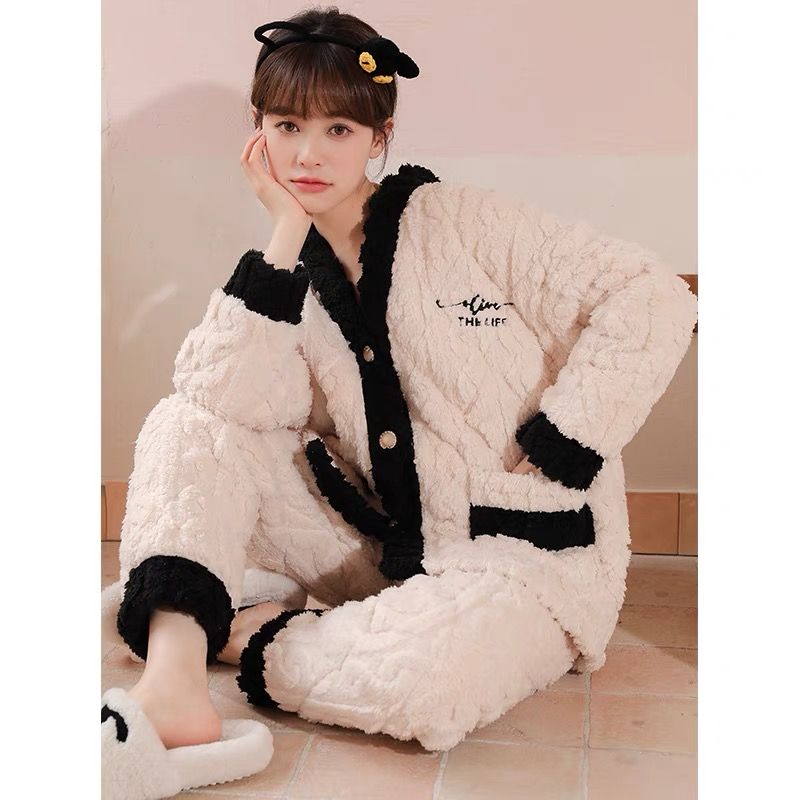 三層加厚珊瑚絨夾棉睡衣女冬季加絨特厚新款棉襖家居服套裝